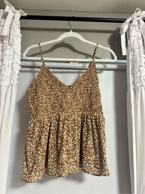 Brown Printed Smocked Double Lined Cami Tank Top
